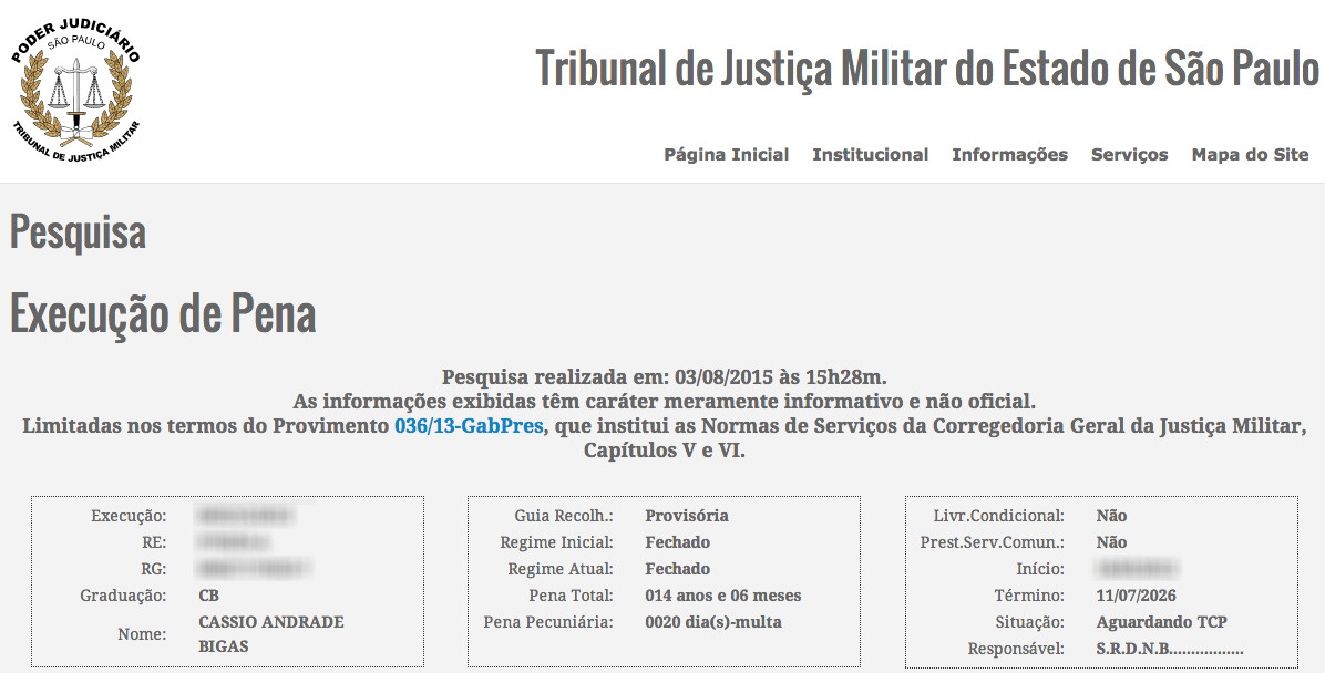 Tribunal de Justiça Militar aponta que Bigas está preso (Foto: Reprodução/TJM-SP)
