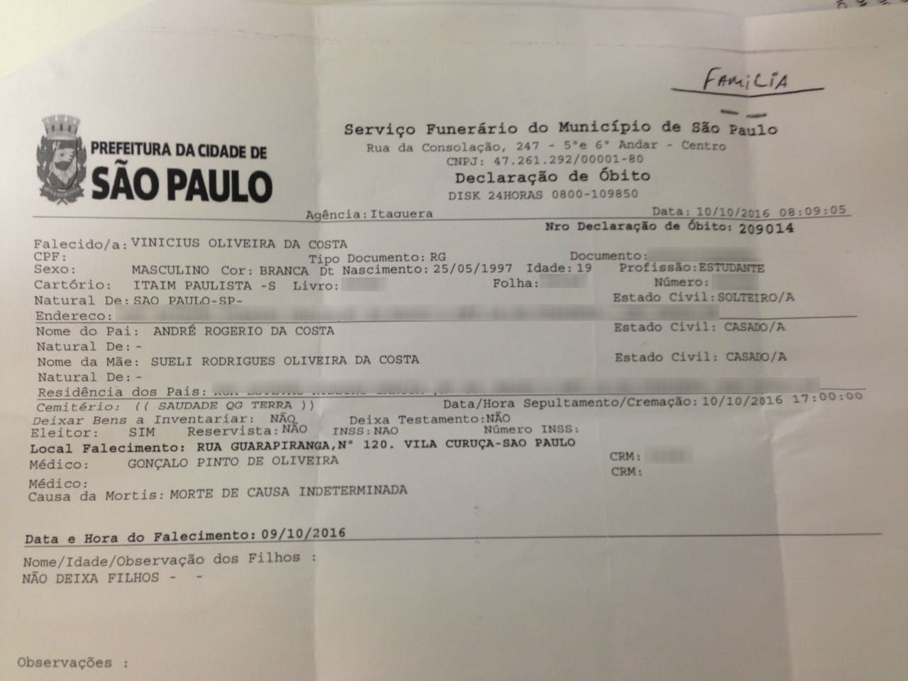 Declaração de óbito de Vinícius Oliveira da Costa, assinado pelo médico Gonçalo Pinto de Oliveira - Foto: Reprodução