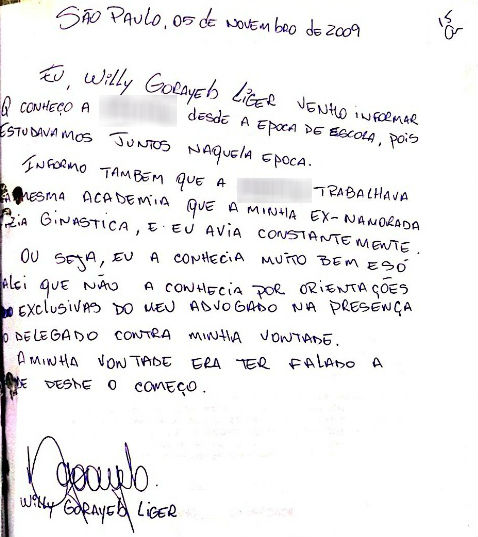 Em carta de próprio punho, Willy afirma que conhecia a vítima - Foto: Reprodução