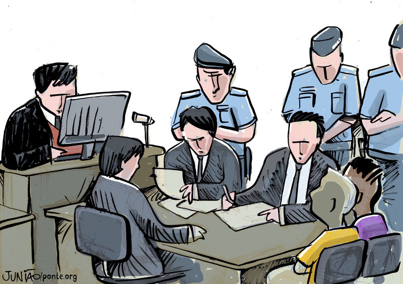 Ilustração feita durante audiência de custódia no Fórum Criminal da Barra Funda | Crédito: Junião/Ponte