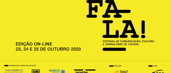 Imagem com texto preto sobre fundo amarelo com informações sobre o Festival Fala